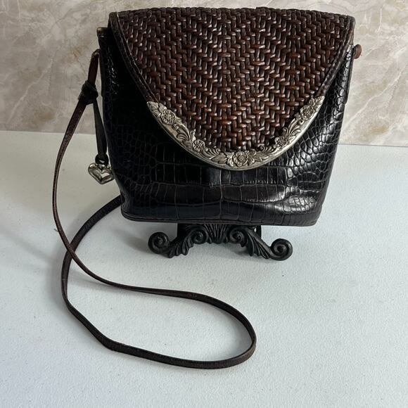 Brighton Crossbody Bag Woven Croc Embossed Brown Leather Metal Detail on Flap - Picture 4 of 16
